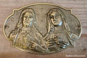 Military Antiques: Placa Puerta Sagrado Corazón de Jesús y Sagrado Corazón de María.detente 9,5 X 6,5 cm. Flor de Lis